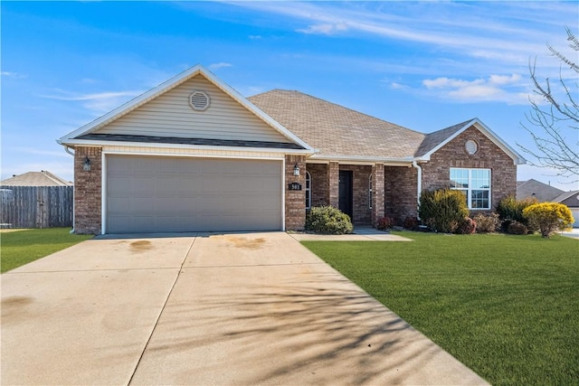 ranch-style house featuring brick siding, a front lawn, fence, concrete driveway, and a garage