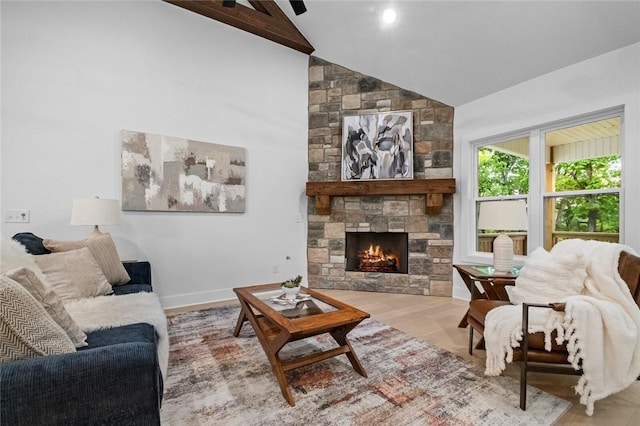 738 Cardin Spur, Pea Ridge, AR 72751 - living area featuring a fireplace, wood finished floors, and high vaulted ceiling