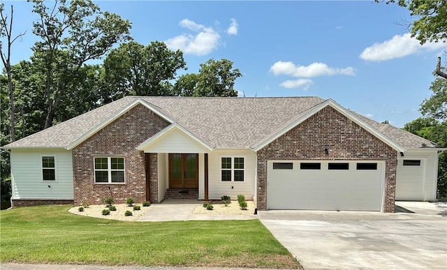 738 Cardin Spur, Pea Ridge, AR 72751 - ranch-style home featuring a garage, brick siding, driveway, a front lawn, and french doors