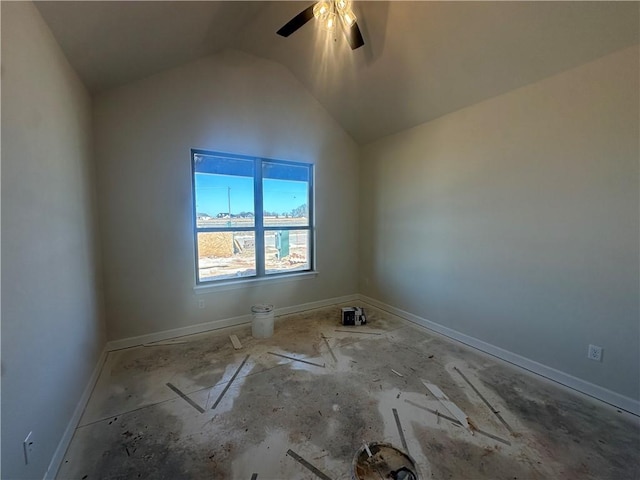 unfurnished room with ceiling fan, baseboards, and lofted ceiling