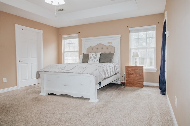 carpeted bedroom with a tray ceiling