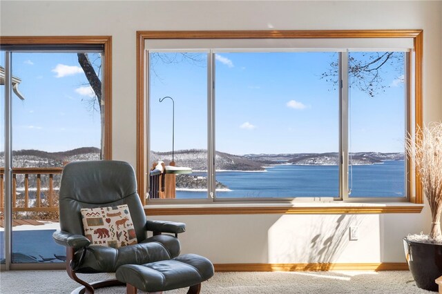 21330 Ridgeview Dr, Garfield, AR 72732 - living area featuring baseboards, carpet flooring, and a water and mountain view