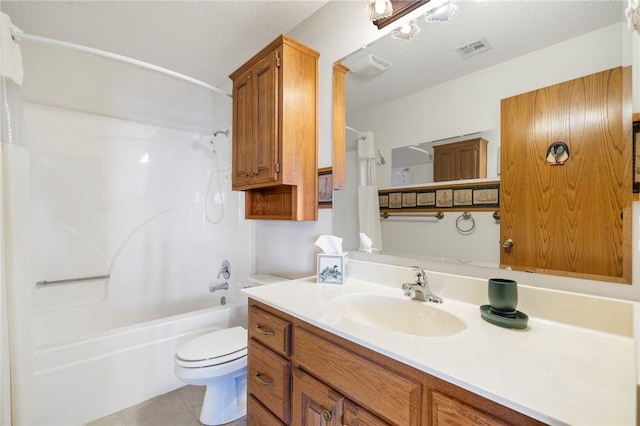 21330 Ridgeview Dr, Garfield, AR 72732 - full bathroom featuring vanity, shower / tub combo with curtain, toilet, tile patterned flooring, and a textured ceiling