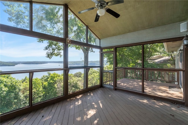 21330 Ridgeview Dr, Garfield, AR 72732 - unfurnished sunroom featuring a water view, vaulted ceiling, and ceiling fan
