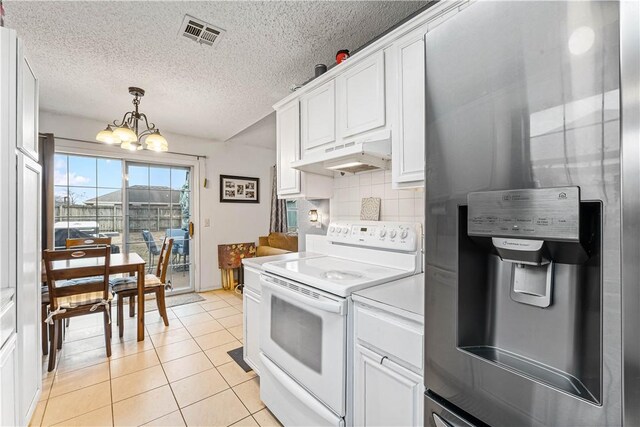 kitchen featuring white electric range oven, stainless steel fridge with ice dispenser, white cabinets, pendant lighting, and backsplash