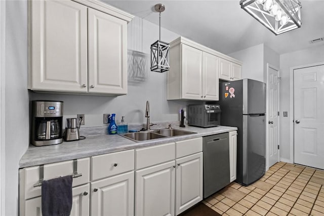 kitchen with pendant lighting, sink, stainless steel appliances, and white cabinets