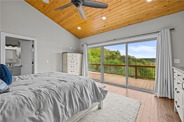 bedroom with multiple windows, hardwood / wood-style floors, access to outside, and wooden ceiling