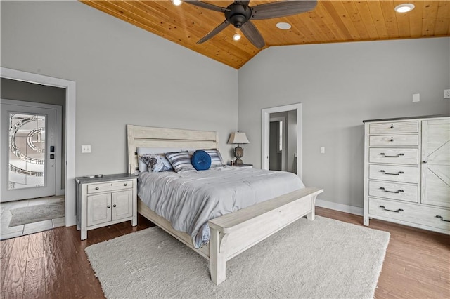 bedroom featuring hardwood / wood-style floors, wood ceiling, high vaulted ceiling, and ceiling fan