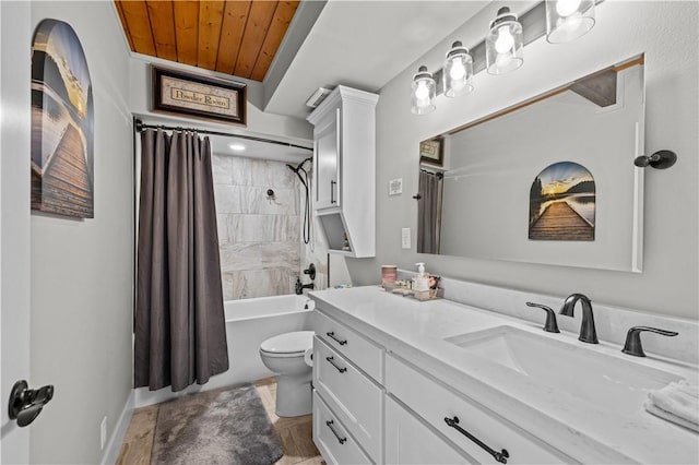 full bathroom featuring shower / tub combo with curtain, vanity, toilet, and wooden ceiling