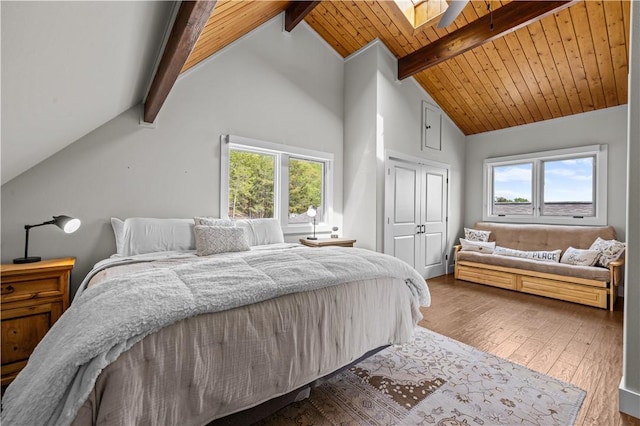 bedroom with wood-type flooring, wooden ceiling, beam ceiling, and a skylight