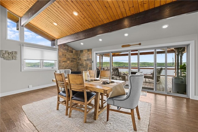 dining area featuring hardwood / wood-style flooring, wood ceiling, and lofted ceiling with beams