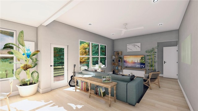 living room featuring ceiling fan and light hardwood / wood-style floors