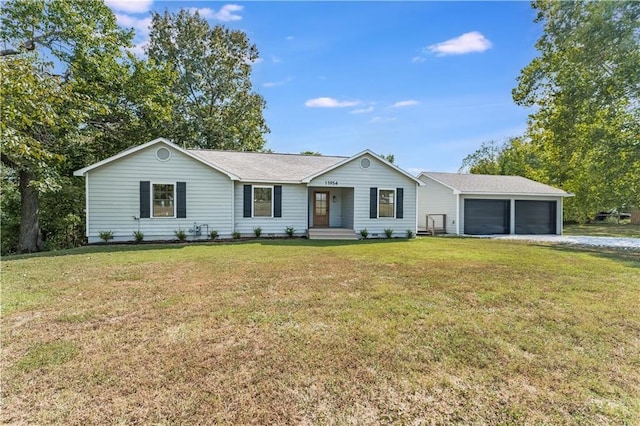 ranch-style house with a garage and a front yard