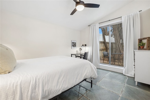 bedroom featuring vaulted ceiling and ceiling fan