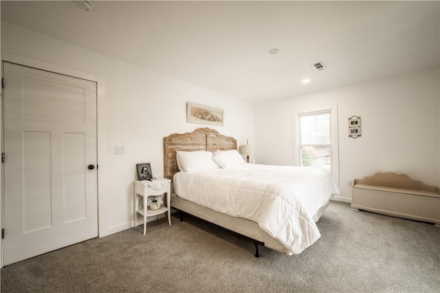 carpeted bedroom featuring visible vents and recessed lighting