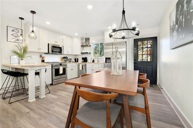 kitchen featuring pendant lighting, backsplash, white cabinets, and appliances with stainless steel finishes