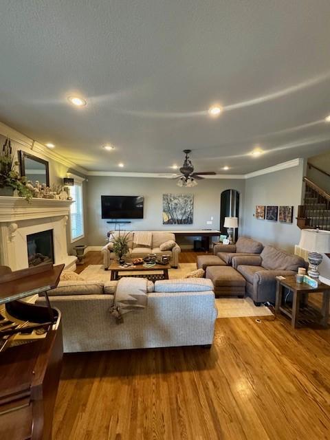 living area featuring crown molding, ceiling fan, wood finished floors, and a glass covered fireplace