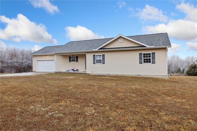 single story home with a garage and a front yard