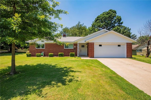 ranch-style home with a garage and a front lawn