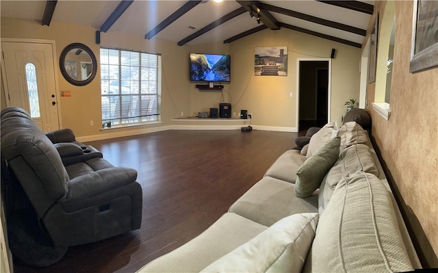 living room with lofted ceiling with beams and dark wood-type flooring