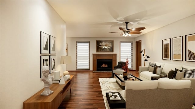 living room featuring dark hardwood / wood-style floors and ceiling fan