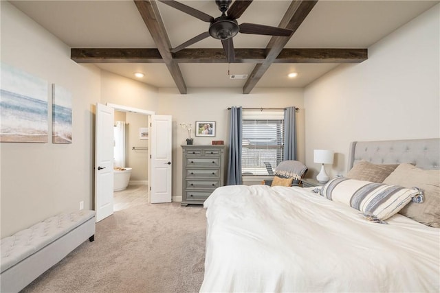 carpeted bedroom with beamed ceiling, ceiling fan, ensuite bathroom, and coffered ceiling