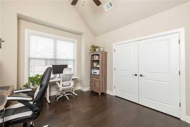 office area with dark wood-type flooring, ceiling fan, and lofted ceiling