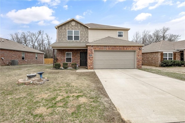 traditional home featuring driveway, brick siding, a shingled roof, an attached garage, and a front yard