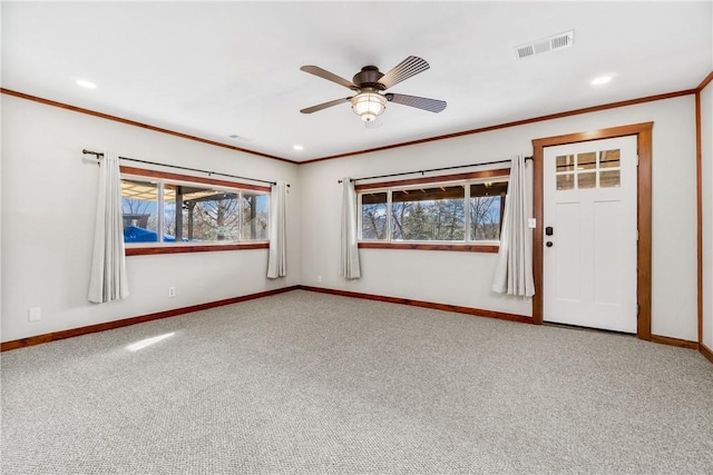19724 Waldon Rd, Rogers, AR 72756 - carpeted empty room with baseboards, ceiling fan, ornamental molding, and recessed lighting