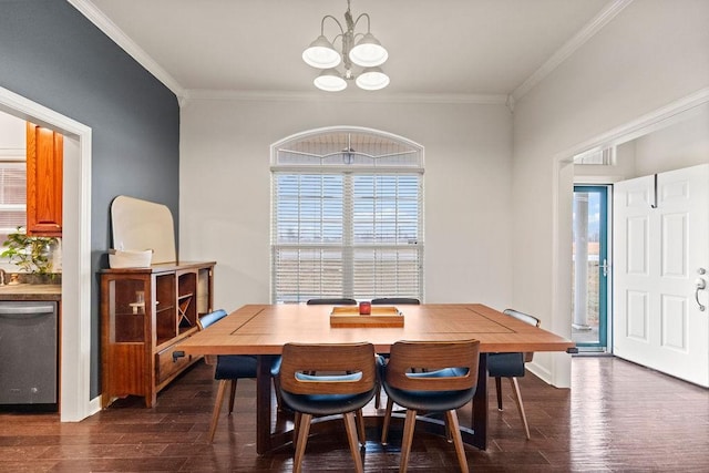 dining room with a chandelier, crown molding, and dark wood-type flooring