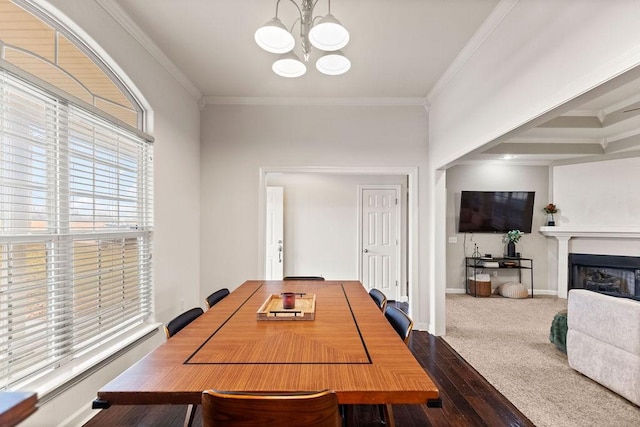 dining room featuring crown molding, a chandelier, a baseboard radiator, a fireplace, and baseboards
