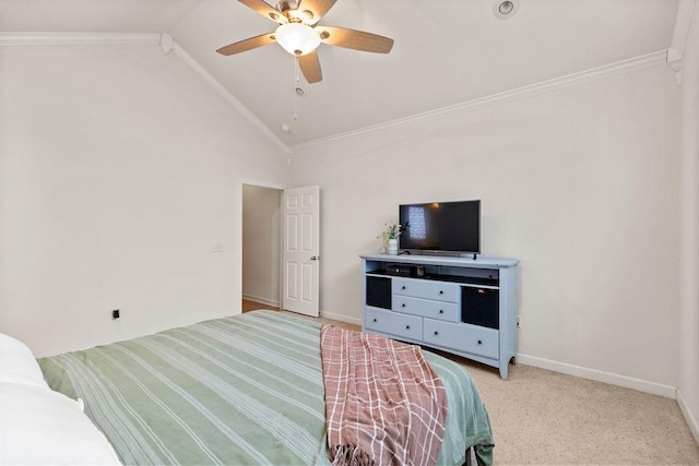 bedroom with vaulted ceiling, baseboards, ornamental molding, ceiling fan, and light colored carpet