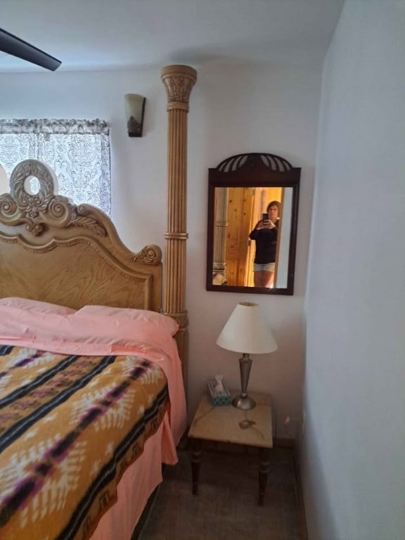 bedroom featuring ceiling fan and ornate columns