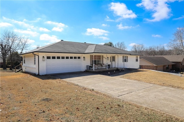 ranch-style home with a garage, covered porch, and a front yard