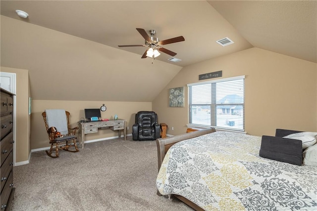 carpeted bedroom with ceiling fan and lofted ceiling
