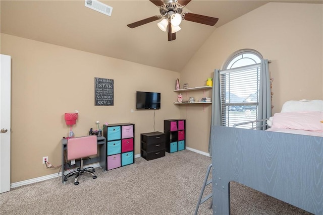 bedroom featuring vaulted ceiling, light carpet, and ceiling fan