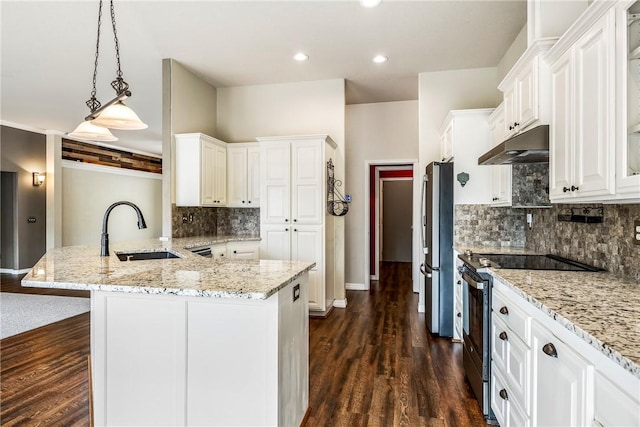 kitchen with under cabinet range hood, a sink, white cabinetry, appliances with stainless steel finishes, and dark wood-style floors