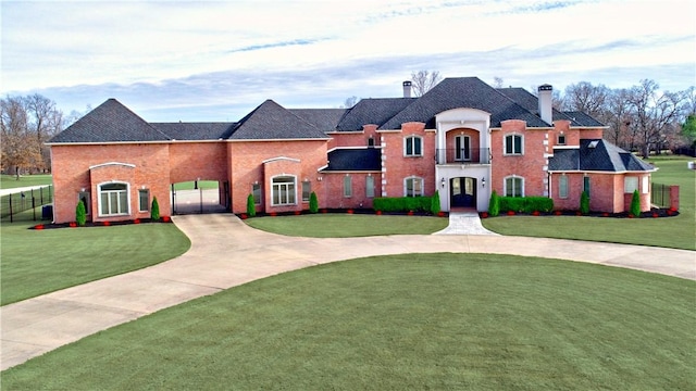 french provincial home with a balcony and a front yard