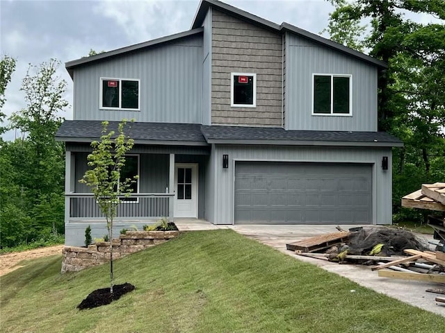 18 Selland Ln, Bella Vista, AR 72715 - view of front of property featuring an attached garage, a porch, a shingled roof, a front yard, and concrete driveway