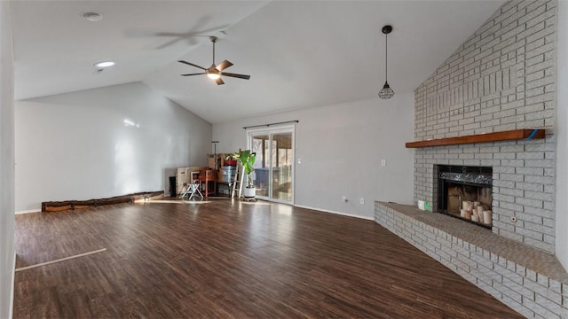 unfurnished living room with hardwood / wood-style flooring, ceiling fan, high vaulted ceiling, and a fireplace