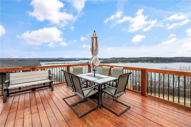 deck featuring a water view