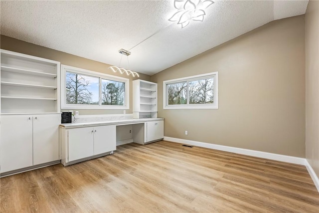 8116 Pine Ln, Rogers, AR 72756 - unfurnished office featuring a textured ceiling, lofted ceiling, light wood-type flooring, and built in desk