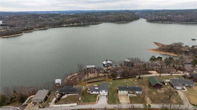 drone / aerial view featuring a water view