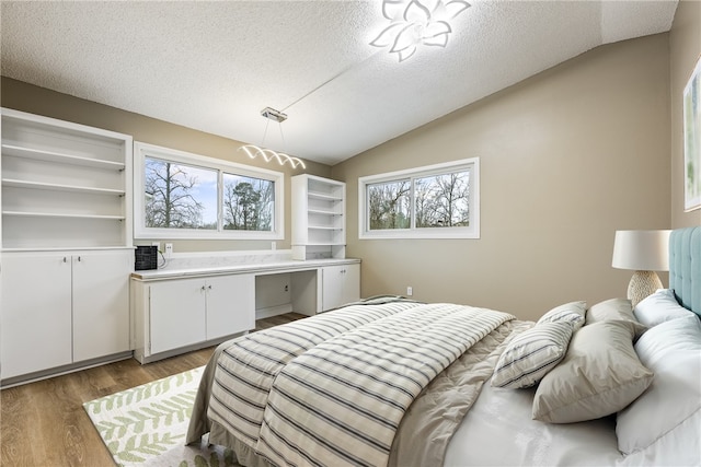 8116 Pine Ln, Rogers, AR 72756 - bedroom with lofted ceiling, light wood-type flooring, a textured ceiling, and multiple windows