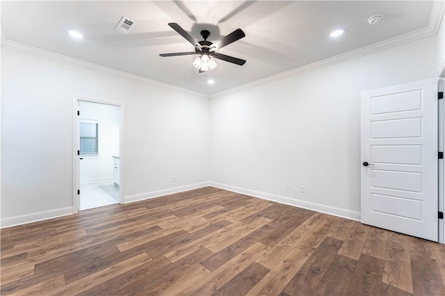 unfurnished room featuring crown molding, dark wood-type flooring, and ceiling fan