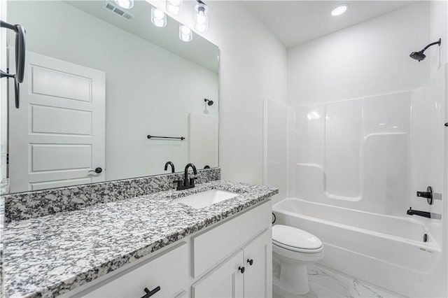 full bathroom with  shower combination, toilet, and vanity