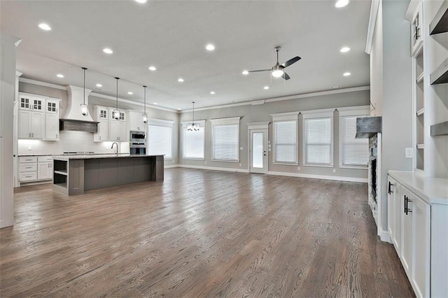 kitchen with premium range hood, white cabinets, hanging light fixtures, a large island, and stainless steel appliances