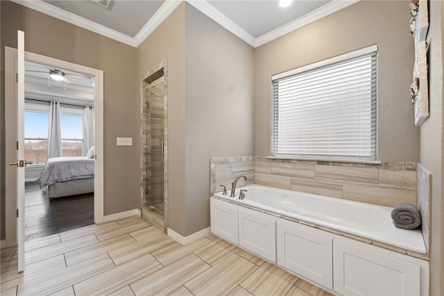 bathroom with plus walk in shower and ornamental molding