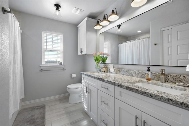 bathroom with vanity, toilet, and a shower with shower curtain