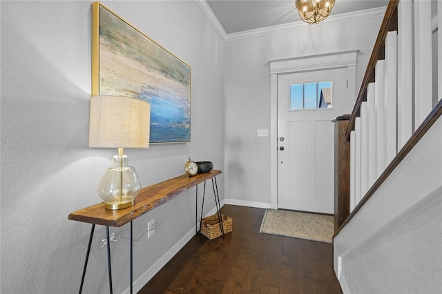 entryway featuring ornamental molding and dark wood-type flooring